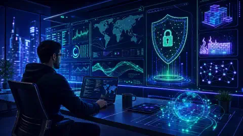 Ein Cybersecurity-Profi in einem modernen Büro, umgeben von holografischen Displays mit Datenanalysen und Bedrohungskarten, mit lebhaften Neonakzenten auf dunklem Hintergrund.