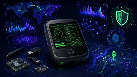 Eine Illustration eines Orbic RCL400 mobilen Hotspots mit einer glühenden grünen Oberfläche, umgeben von abstrakten Darstellungen von Sicherheits-Tools wie Diagrammen und Karten, vor einem dunklen Marineblau-Hintergrund.