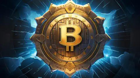 Ein symbolisches Kunstwerk, das ein Schild-Emblem zeigt, das die Umwandlung von Bitcoin in eine leistungsstarke Cyber-Sicherheitstechnologie darstellt.