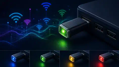 Eine Illustration eines kleinen Geräts ähnlich dem ESP32 WiFi Canary, das in einen USB-Port eingesteckt ist, mit einer RGB-LED, die in verschiedenen Farben leuchtet, vor einem dunklen Hintergrund und seine Bedrohungserkennungsfähigkeiten symbolisiert.