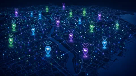 Eine interaktive Karte mit bunten Markierungen, die Standorte von Flock Safety ALPR-Kameras anzeigen, mit abstrakten WLAN-Signalen, die von den Markierungen auf einem dunklen Hintergrund ausgehen.