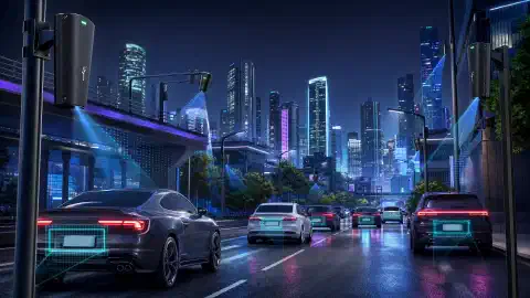 Eine Illustration einer futuristischen Stadt mit verschiedenen Flock Safety ALPR-Kameras, die an Masten und Gebäuden montiert sind und vorbeifahrende Fahrzeuge erfassen. Die Szene zeigt einen dunklen Hintergrund mit hellen, lebendigen Farben.