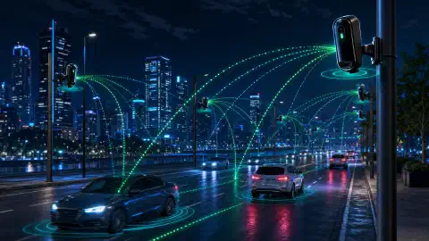 Eine dunkle Straßenkreuzung, beleuchtet von einer an einem Mast montierten Überwachungskamera, mit überlagerten Kennzeichendaten auf vorbeifahrenden Autos.