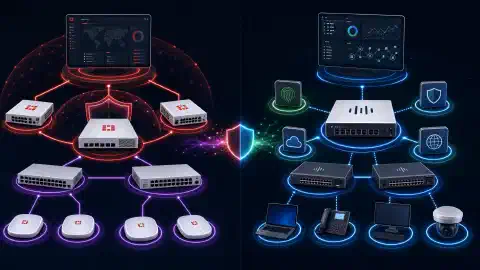 Eine Illustration zweier Netzwerksicherheitsarchitekturen. Links sind Fortinets Komponenten wie FortiGate-Firewalls und FortiSwitch verbunden. Rechts sind Ciscos Lösungen wie Secure Firewall und Catalyst-Switches dargestellt, alles vor einem dunklen Hintergrund.