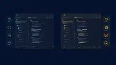 Grafische Code-Editoren und Erweiterungsbereiche neben visuellen Review-Werkzeugen auf dunklem Hintergrund