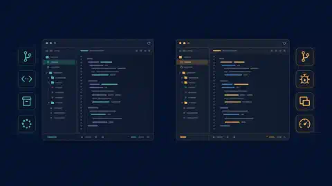 Grafische Code-Editoren und Erweiterungsbereiche neben visuellen Review-Werkzeugen auf dunklem Hintergrund