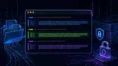 Eine Illustration eines futuristischen Linux-Terminals, das Hash-Befehle ausgibt, umgeben von abstrakten Dateien und digitalen Symbolen auf dunklem Hintergrund mit lebendigen blauen, grünen und violetten Akzenten.