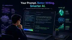 Eine Illustration einer Person, die einen Laptop mit einem KI-Schreibwerkzeug verwendet, umgeben von abstrakten Darstellungen komplexer Schreibfallen, alles vor einem dunklen Hintergrund mit lebhaften Farben.