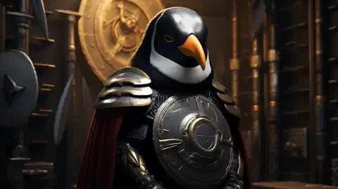 Eine symbolische Darstellung eines gepanzerten Pinguin-Kriegers, der einen sicheren Server schützt.