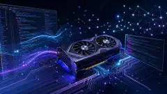 Illustration einer lokalen KI-Coding-Umgebung mit einer NVIDIA RTX 4060 Ti, umgeben von leuchtenden Datenströmen und Codefragmenten auf dunklem Hintergrund.