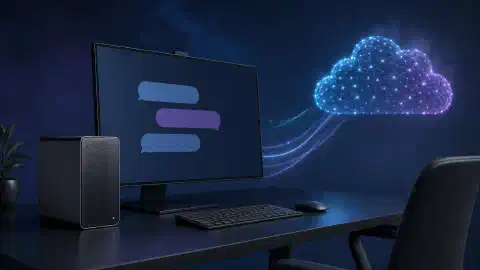 Eine lokale KI-Workstation mit sichtbaren Datenpfaden zu einem Cloud-Dienst