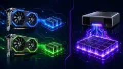 Eine Darstellung mit zwei NVIDIA RTX 5060 Ti Grafikkarten links und einem NVIDIA GB10 System rechts, beide vor dunklem Hintergrund mit kräftigen Farben hervorgehoben.