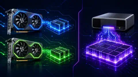 Eine Darstellung mit zwei NVIDIA RTX 5060 Ti Grafikkarten links und einem NVIDIA GB10 System rechts, beide vor dunklem Hintergrund mit kräftigen Farben hervorgehoben.