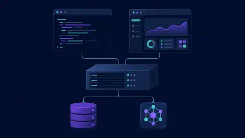 Terminal- und Desktop-Clients, die mit einem zentralen Server sowie getrennten Symbolen für Repository und Inferenz verbunden sind