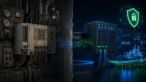 Eine Illustration, die einen Kontrast zwischen einer alten speicherprogrammierbaren Steuerung (SPS) mit Analogfunktionen auf einer Seite und einer modernen cybersicherheitsfähigen Steuerung mit digitalen Schnittstellen auf der anderen zeigt, vor dunklem Hintergrund.