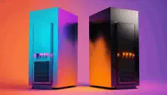 Ein Paar Server, die sich gegenüberstehen. Farben passend zu den Themen von Plex, Schwarz und Orange, und Jellyfin, Hellblau und Lila.
