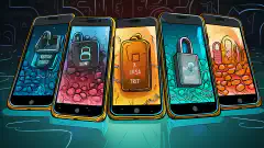 Eine Illustration von vier Smartphones, die jeweils Session, Status, Signal und Threema repräsentieren und mit Schlössern gesichert sind, um ihren Schwerpunkt auf sicheres Messaging zu legen.