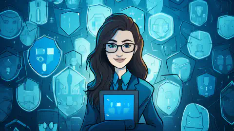 Ein Bild im Cartoon-Stil einer Person, die von Schutzschilden umgeben ist, die für den Schutz der Privatsphäre und der Daten im Internet stehen.