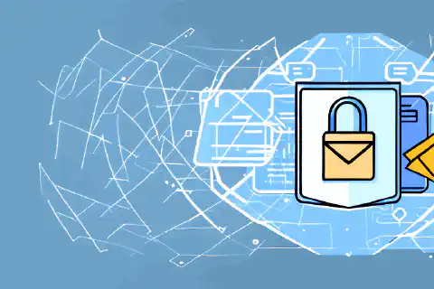 Eine symbolische Darstellung eines verschlossenen Umschlags, der von schildartigen Schutzschichten umgeben ist, die für E-Mail-Sicherheit und Datenschutz stehen