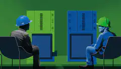 Zwei Server stehen sich gegenüber, einer blau, einer grün. Auf der blauen Seite steht eine Person, die einen Schutzhelm und eine Sicherheitsweste trägt. Auf der grünen Seite sitzt eine Person auf der Couch.