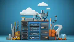 Ein Computer-Server-Turm, eine Wolke und ein Werkzeugkasten, die VMware ESXi, Citrix XenServer und Hyper-V Optionen symbolisieren.