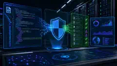 Eine Illustration eines futuristischen Serverraums mit leuchtenden Bildschirmen, die XML- und BIN-Dateistrukturen im Zusammenhang mit Windows Defender Application Control zeigen. Der dunkle Hintergrund verstärkt die lebendigen Farben.