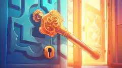 Eine farbenfrohe Cartoon-Illustration eines Schlüssels, der eine Tür aufschließt, steht für die Macht der GVLKs bei der Erschließung des vollen Potenzials von Windows.